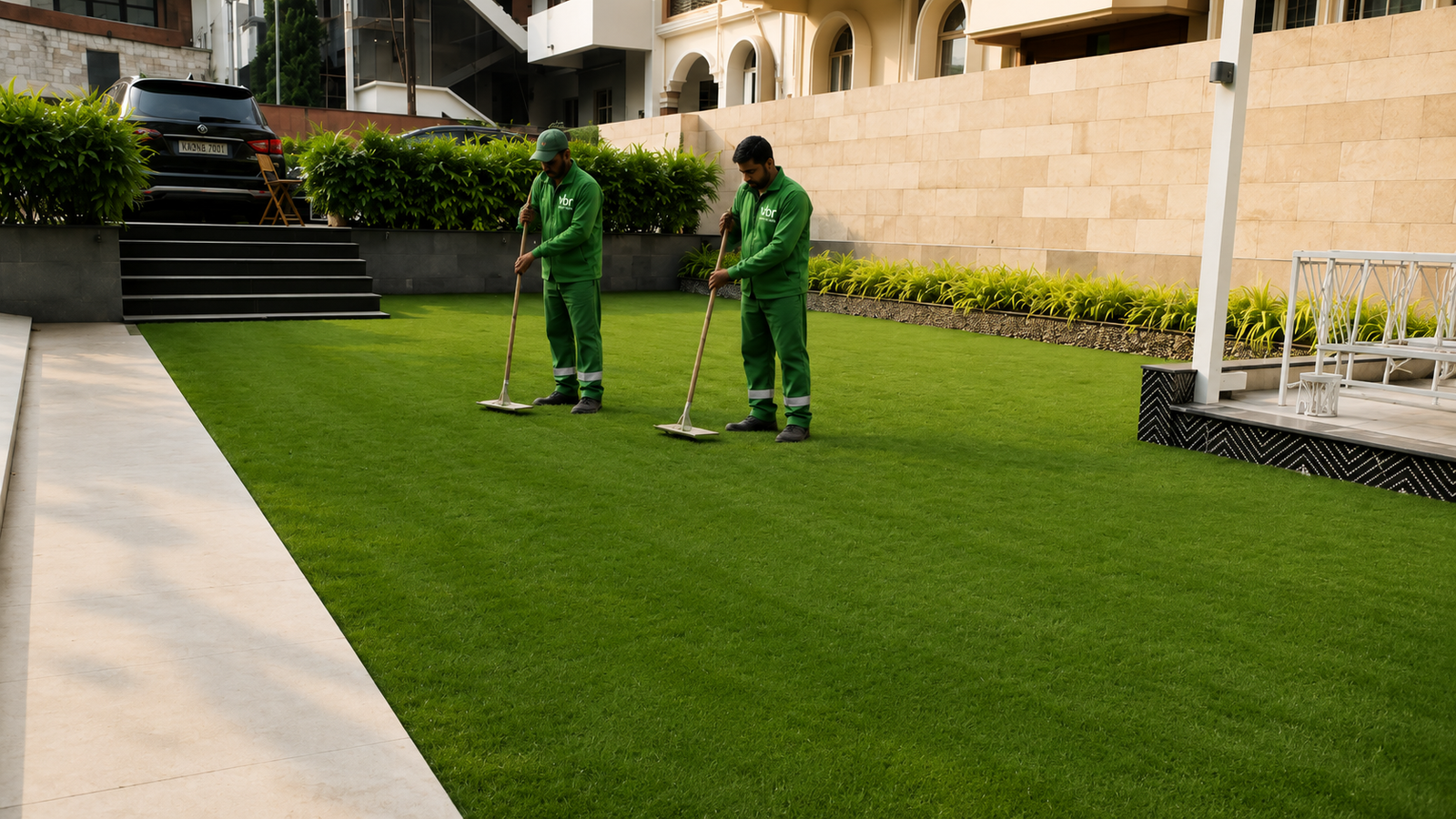 Workers laying grass