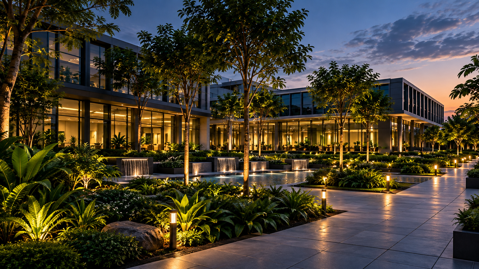 Beautiful luxury landscape engineering with modern lighting