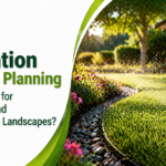 Automatic lawn sprinkler watering a green garden with flowers near a modern home, illustrating efficient irrigation system planning for healthy landscapes